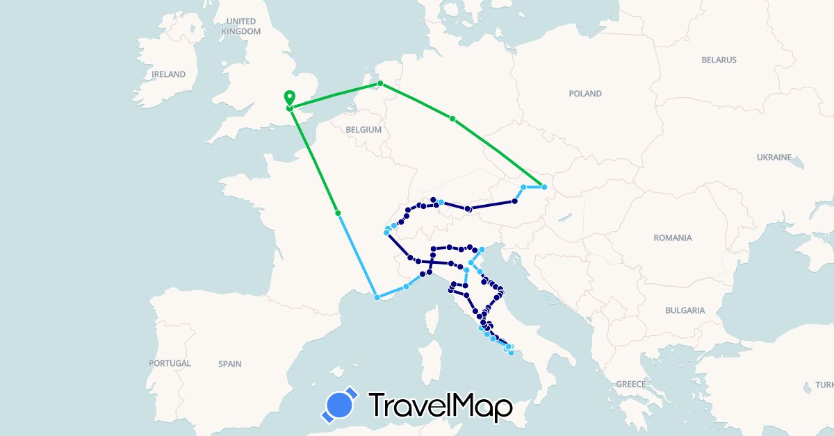 TravelMap itinerary: driving, bus, boat in Austria, Switzerland, Germany, France, United Kingdom, Italy, Monaco, Netherlands, San Marino (Europe)